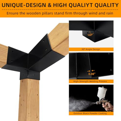 2Pcs 30° Lean Pergola Kit 4x4(Inner 3.5x3.5), 3-Way Slanted Pergola Roof Bracket,Wood Post Bracket DIY Gazebo Brackets-Hardware Kit for Outdoor Wood Beam Post Sunroom Carport Cabin.