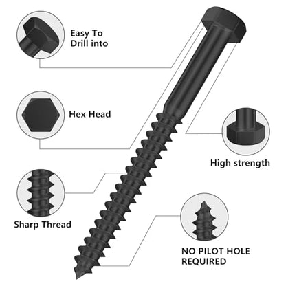Wensilon Lag Screws Wood Screws (8PCS, 1/2"x6", Black) Hex Head Lag Bolts,(12x150) Heavy Duty Lag Screws,304 Stainless Steel Bolts 18-8 - color: Black, size: 1/2"x6"