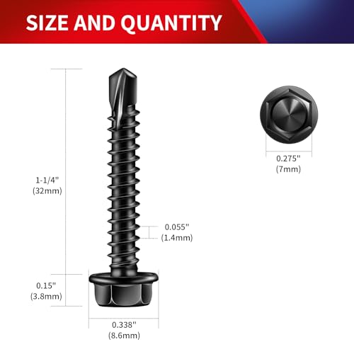 #8 x 1-1/4" Self Drilling Screws (158Pcs) Hex Washer Head 410 Stainless Steel Self Tapping Screws for Metal Sheet Metal Screws Black Oxide with Hex Socket Included - color: Black, size: #8 x 1-1/4"