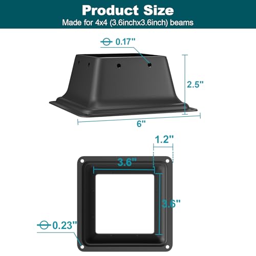 4x4 Post Base 3PCS Black Square Brackets Internal Size 3.5 x 3.5 Inch