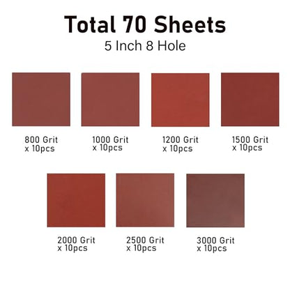 5 Inch 8 Hole Sanding Discs, 70 Pack, 800-3000 Grit Fine Sandpaper - style: 70PCS(800-3000 Grit)