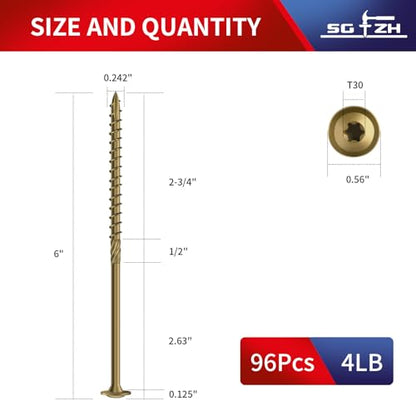 #14 x 6 Inch Lag Screws (96Pcs) 4lb. Structural Wood Screw, Bronze, Carbon Steel, Washer Head, Rust Resistant epoxy Coated, T30 Star Bit - color: Bronze, size: #14 x 6"