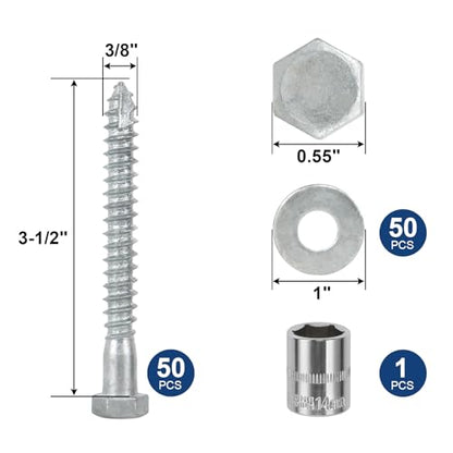 3/8" x 3-1/2" Lag Screws Bolts with Washers(50Pcs) - size: 3/8x3-1/2in