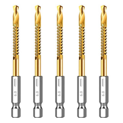 5Pcs Titanium Coated HSS Twist Drill Bit Set, 1/4" Wood Drill Bits with Hex Shank, Serrated Cutting Wood Drilling Set Woodworking Hinge Cutter Tool Kit for Wood Plastic Plywood Thin Metal - size: 5pcs1/4
