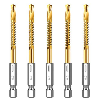5Pcs Titanium Coated HSS Twist Drill Bit Set, 1/4" Wood Drill Bits with Hex Shank, Serrated Cutting Wood Drilling Set Woodworking Hinge Cutter Tool Kit for Wood Plastic Plywood Thin Metal - size: 5pcs1/4
