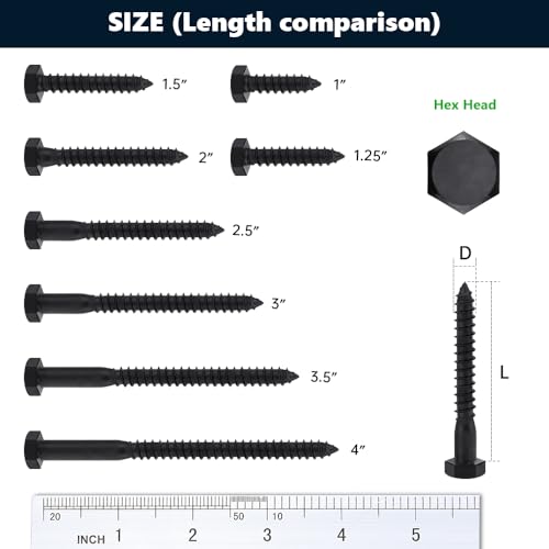 20-Sets 1/4 x 2 Black Hex Head Lag Screws & Flat Washers, Heavy Duty Wood Lag Screws, 304 Stainless Steel (18-8), 1/4" Bolt - size: 1/4 x 2