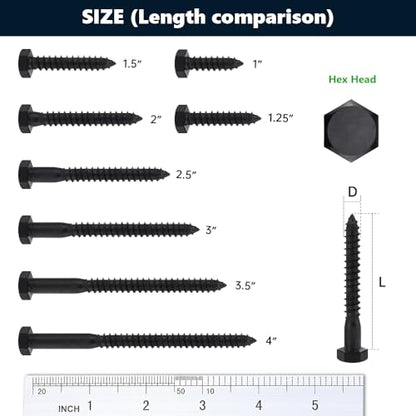 20-Sets 1/4 x 2 Black Hex Head Lag Screws & Flat Washers, Heavy Duty Wood Lag Screws, 304 Stainless Steel (18-8), 1/4" Bolt - size: 1/4 x 2