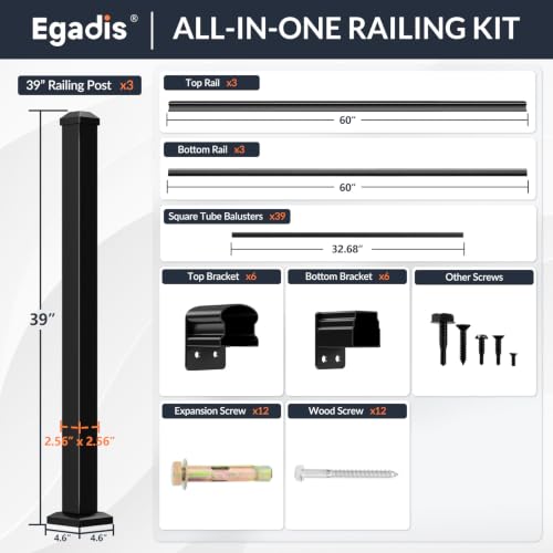 Egadis 3 Pack 36 in x 5 ft Modular Aluminum Porch and Deck Railing Kit - color: Level 5ft - 3Panel 3Post