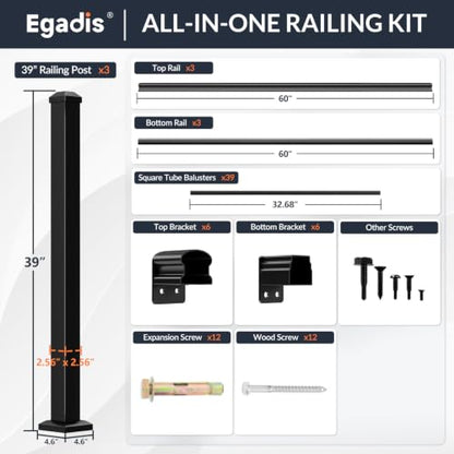 Egadis 3 Pack 36 in x 5 ft Modular Aluminum Porch and Deck Railing Kit - color: Level 5ft - 3Panel 3Post