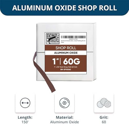 Benchmark Abrasives 1” X 150’ Shop Roll Emery Cloth Sandpaper Roll, Aluminum Oxide Sand Paper for Wood Furniture, Metal Polishing, Sanding, Automotive, Plumbing, Finishing - 60 Grit