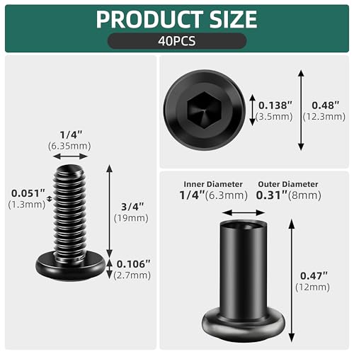 40Pcs 1/4-20 x 3/4" Flat Socket Head Cap Screws Bolts Barrel Nuts Kit, 304 Stainless Steel 18-8 Furniture Bolts Screws and Nuts, Black Oxided - size: 1/4 x 3/4"