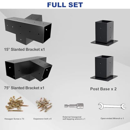 Pergola Kit, Slanted Roof Pergola Bracket, 4-Way Brackets with Post Base Kit, Log Cabin Outdoor 4"x 4" (Actual 3.5" X 3.5") Lumber - color: 1PC 15°4-Way+1PC 75°4-Way+2PC Post Base
