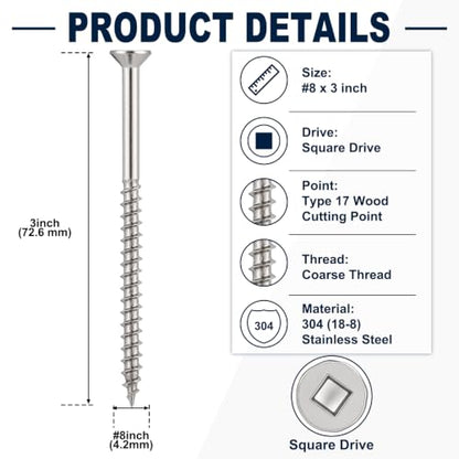 500 Pack #8 x 3 Inch Deck Screws, 304 (18-8) Stainless Steel Wood Screw - size: #8 x 3 Inch