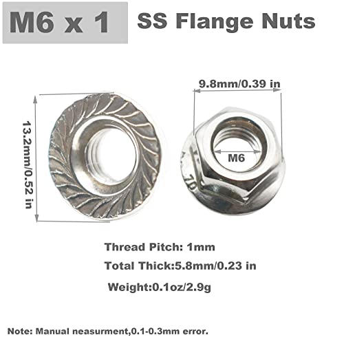 30 Pcs M6 Stainless Flange Nuts Thread Metric Washer Nuts Fastener - size: M6_1mm