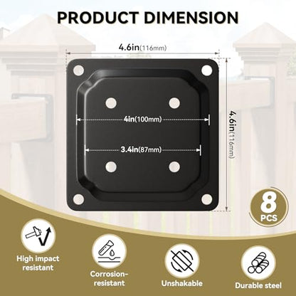 8 Pack 4x4 Post Connector, Deck Base Plate for Wood Posts - color: Black - 8 Pcs