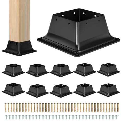 4x4 Post Base 10PC-Inner Size 3.6x3.6-Metal Post Brackets-Deck Post Anchors-Solid Steel-Powder Coated-Wood Post Holder for Porch Handrail Railing Pergola Fence Pavilion-Support Deck Base
