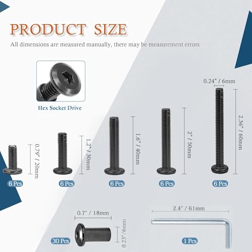 M6 Hex Drive Socket Cap Bolt Kit, Black, 30 Sets - color: Black, size: M6x20/30/40/50/60mm