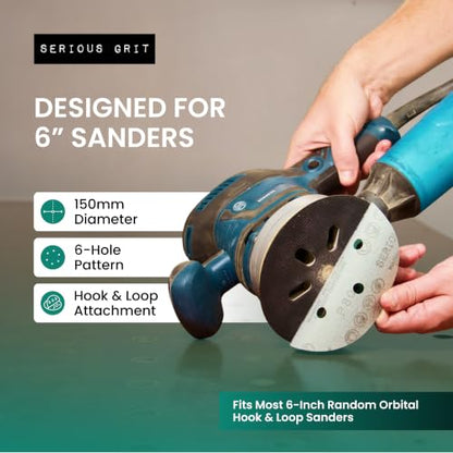 Serious Grit - 6-Inch 6-Hole P150 Grit Sanding Discs - 50 Pack Box - size: 150 Grit