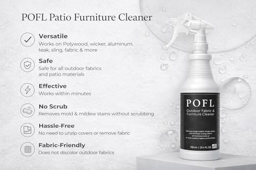 POFL Outdoor Fabric & Furniture Cleaner – Mold & Mildew Stain Remover for Patio Cushions, Sling Seating, Mesh, Canvas Awnings, Vinyl Fencing & Outdoor Surfaces – 25.36 fl oz