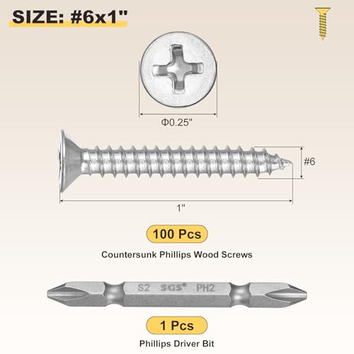 METALLIXITY 101Pcs #6x1 Countersunk Phillips Wood Screws Kit SS304 - color: Silver, size: #6x1"