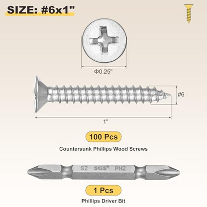 METALLIXITY 101Pcs #6x1 Countersunk Phillips Wood Screws Kit SS304 - color: Silver, size: #6x1"