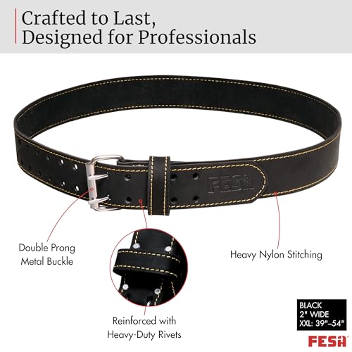 FESA Men's Leather Tool Belt - Handcrafted Top Grain Leather Tool Pouch Belt for Carpenters & Other Trade Professionals - color: Black - 2" Wide - Xxl