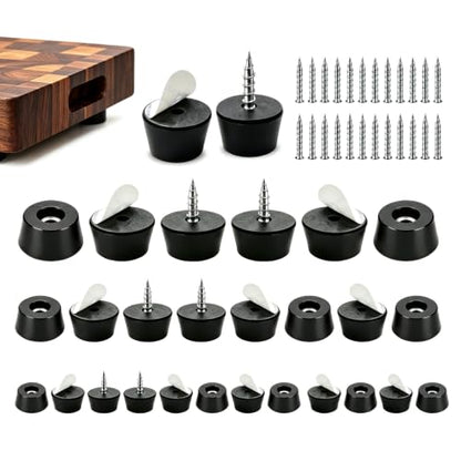 Screw or Adhesive Rubber Feet for Cutting Board, 26 Pack 3 Size Set