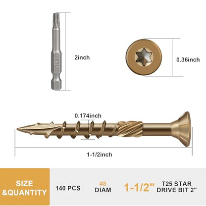 Deck Screws 1-1/2 Inch, Wood Screws #8×1-1/2", 140 Pcs Golden Brown - color: Golden Brown, size: #8×1-1/2"