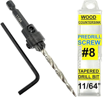FTG USA #8(11/64") Tapered Wood Countersink Drill Bit w/ 3/8" Collar & Case - size: #8, style: with Depth Stop