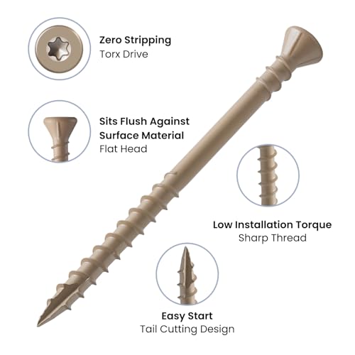 #8 Deck Screws 2 Inch Exterior Wood Screws Flat Head Torx Drive Rust Resistant Epoxy Coated Reverse Upper Thread Trim Screw (1lb, 120pcs), Tan - size: #8x2"