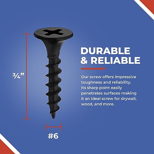 3/4 Inch N.6 Coarse Thread Drywall Screw, Sharp Point, Black, 2 Bugle Head Phillips Drive, 1 Lb. Ideal Screw for Drywall Sheetrock, Wood, and More, 400 Screws