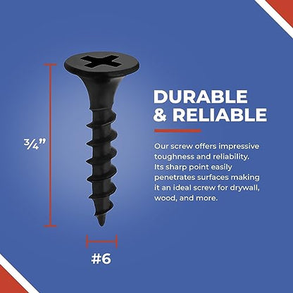 3/4 Inch N.6 Coarse Thread Drywall Screw, Sharp Point, Black, 2 Bugle Head Phillips Drive, 1 Lb. Ideal Screw for Drywall Sheetrock, Wood, and More, 400 Screws