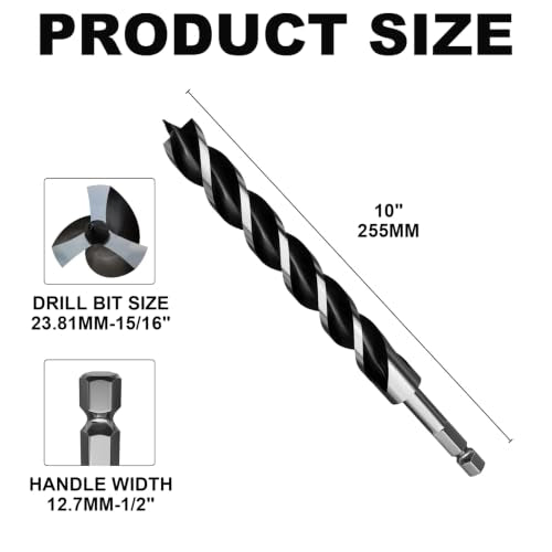 15/16"×10" Professional Auger Drill Bit for Wood with Quick Change 1/2" Hex Shank- 3-Cutter Design with Dual-Flute for Fast Chip Removal, Fits Hardwood, Softwood, PVC, Drywall & Tree Stumps - size: 15/16"×10"