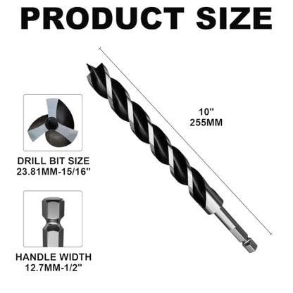 15/16"×10" Professional Auger Drill Bit for Wood with Quick Change 1/2" Hex Shank- 3-Cutter Design with Dual-Flute for Fast Chip Removal, Fits Hardwood, Softwood, PVC, Drywall & Tree Stumps - size: 15/16"×10"