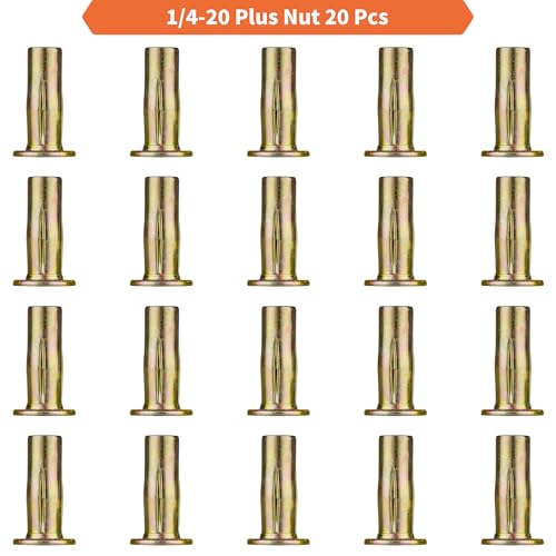 Multi-Grip Rivet Nut Installation Tool Set Pre-Bulbed Shank Flat Head Threaded Insert Nut Plus Nuts Assortment Kit Cross Rivnut for Construction Industrial (1/4-20(Plus Nut-20pcs))