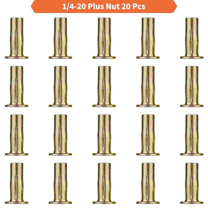 Multi-Grip Rivet Nut Installation Tool Set Pre-Bulbed Shank Flat Head Threaded Insert Nut Plus Nuts Assortment Kit Cross Rivnut for Construction Industrial (1/4-20(Plus Nut-20pcs))