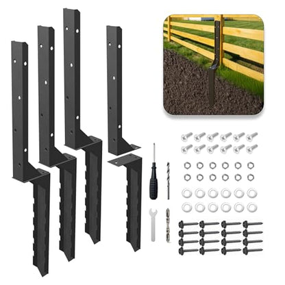 Fence Post Repair Kit 4 Pack Heavy Duty Fence Post Anchor Stakes for Fixed and Repair Tilted Broken Wood Posts Support Thickened Ground Spike Fencing Repair Stakes Black