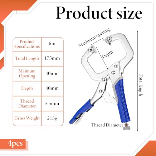 4 Pcs 6 Inch C Clamp Locking Pliers Vise Grip Clamps Heavy Duty Vise Grip Welding Clamp With Swivel Pads for Woodworking, Welding, Building,Home,Metalworking,Auto Repair,Blue - size: 6 Inch,Set of 4,Blue
