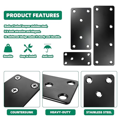12 PackBlack Mending Plates for Wood Heavy Duty Flat Metal 3 Sizes
