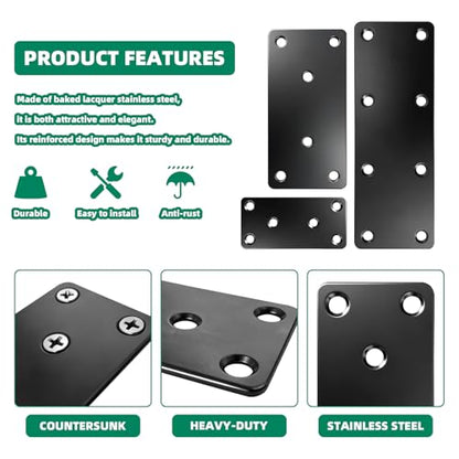 12 PackBlack Mending Plates for Wood Heavy Duty Flat Metal 3 Sizes