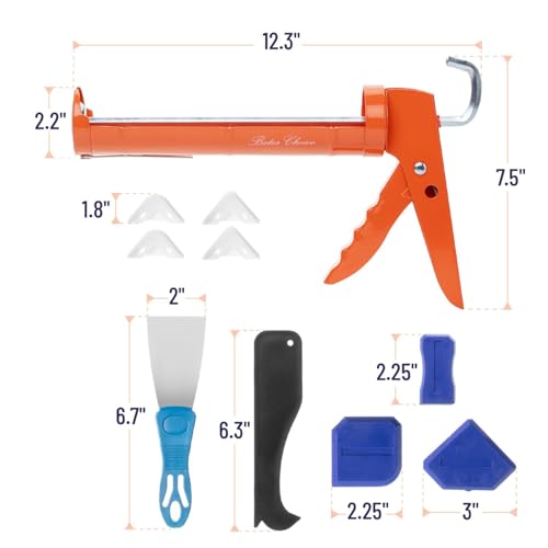 Bates- Caulk Gun Kit, 10:1 Thrust Ratio, Caulking Gun, Caulk Remover Tool, 2 Inch Stainless Steel Putty Knife Scraper, Finishing, Smoothing & Grout Removal Tool, Caulking Tool Kit