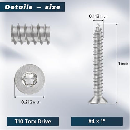 Glvaner 100-pack #4 x 1 Torx Flat Head Self Tapping Wood Screws, 304 Stainless Steel 18/8, Indoor/Outdoor Use, Includes Torx Bit - size: #4 x 1