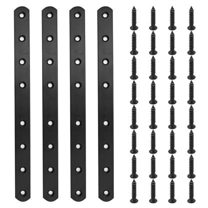 SYOWADA Black Steel Flat Mending Plates 9.6'' with Slot Heavy-Duty Straight Brace Brackets for Wood Repair Metal Connectors with Screws for Wooden Furniture Fixing 4 Pack