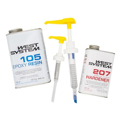 WEST System 105A Epoxy Resin (32 fl oz) Bundle with 207SA Special Clear Epoxy Hardener (10.6 fl oz) and 300 Mini Pumps Epoxy Metering 3-Pack Pump Set (3 Items)