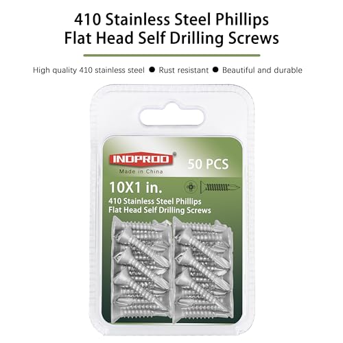 #10 x 1 Sheet Metal Screws, Self Drilling, Phillips Flat Head, Zinc Plated Stainless Steel 410, Self Tapping Tek Wood Screws, #10 x 1-Inch, 50 Pcs - size: #10 x 1"