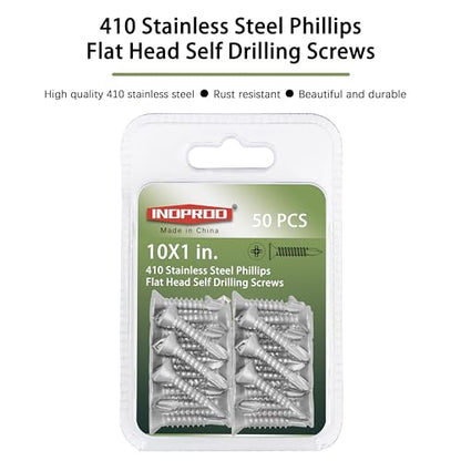 #10 x 1 Sheet Metal Screws, Self Drilling, Phillips Flat Head, Zinc Plated Stainless Steel 410, Self Tapping Tek Wood Screws, #10 x 1-Inch, 50 Pcs - size: #10 x 1"