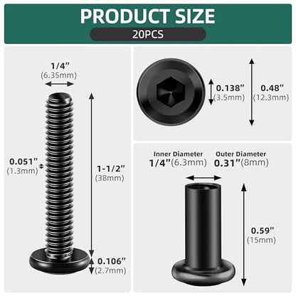 20Pcs 1/4-20 x 1-1/2" Flat Socket Head Cap Screws Bolts Barrel Nuts Kit, 304 Stainless Steel 18-8 Furniture Bolts Screws and Nuts, Black Oxided - size: 1/4 x 1-1/2"