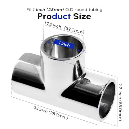 2 Pack Rail Fitting for 7/8" 1" 1-1/4" Railing, Satinless Steel 316, Marine Grade Straight Elbow 2- Way 3-Way 90 Degree Tee Connector, Boat Handrail Hardware - size: 1 inch (25mm), style: 3-Way T Style