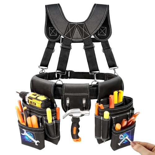 Professional Tool Belt for Men, Magnetic Tool Pouch with Suspenders - color: Black