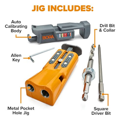 BORA Pro Compact Metal Pocket Hole Jig Complete Kit, Auto-Calibrating - size: Compact Jig